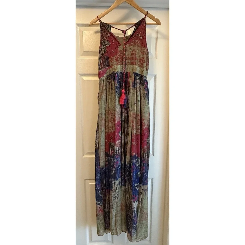 Bhanuni by Jyoti Maxi Dress Women 6 Multicolor Floral Sequin Boho Tassel Pleated